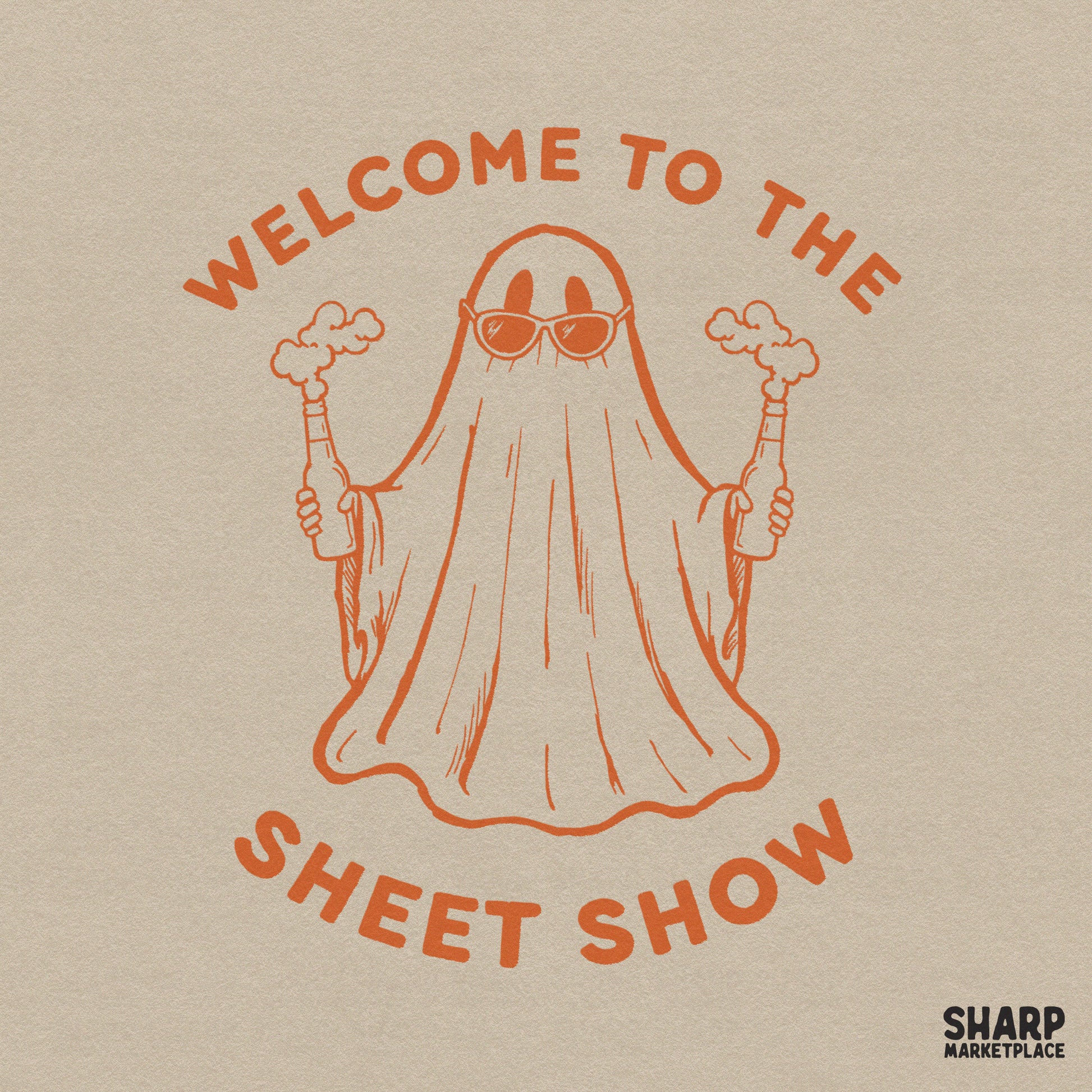 Funny Halloween ghost wearing sunglasses holding a drink for retro spooky season sublimation on t-shirts and tumblers