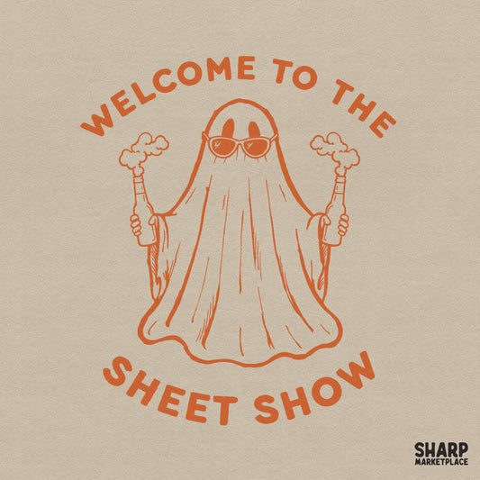 Funny Halloween ghost wearing sunglasses holding a drink for retro spooky season sublimation on t-shirts and tumblers