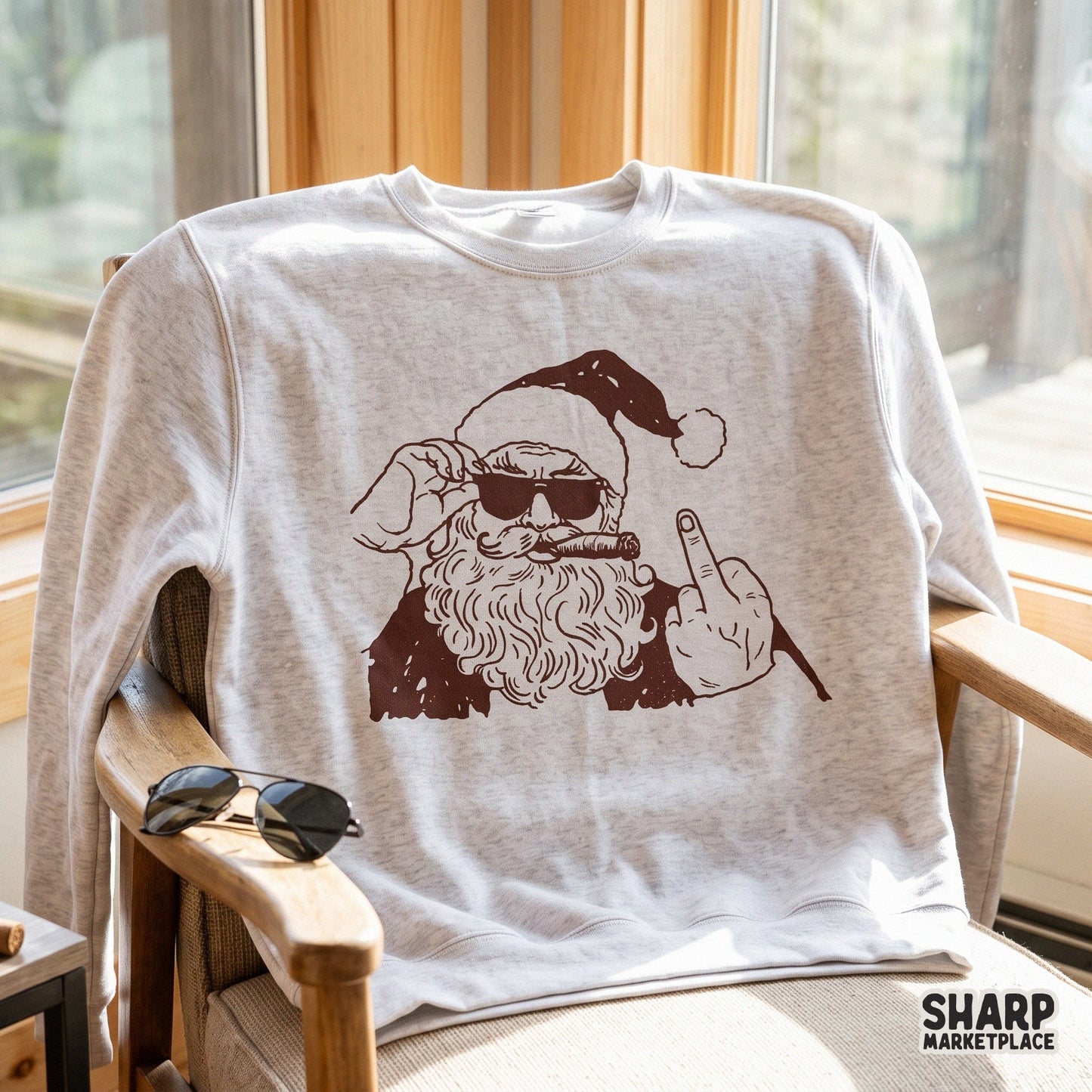 Sarcastic retro Bad Santa with cigar and middle finger vintage Christmas sublimation PNG for holiday shirts and apparel