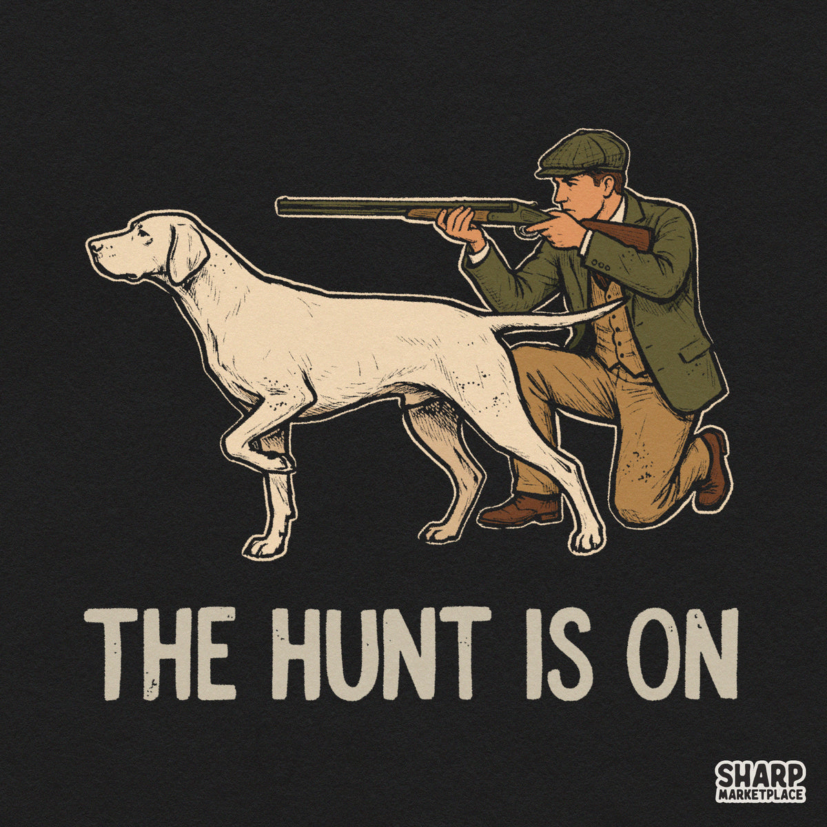 Vintage outdoorsman kneeling with shotgun and hunting dog PNG graphic for Father's Day t-shirt sublimation
