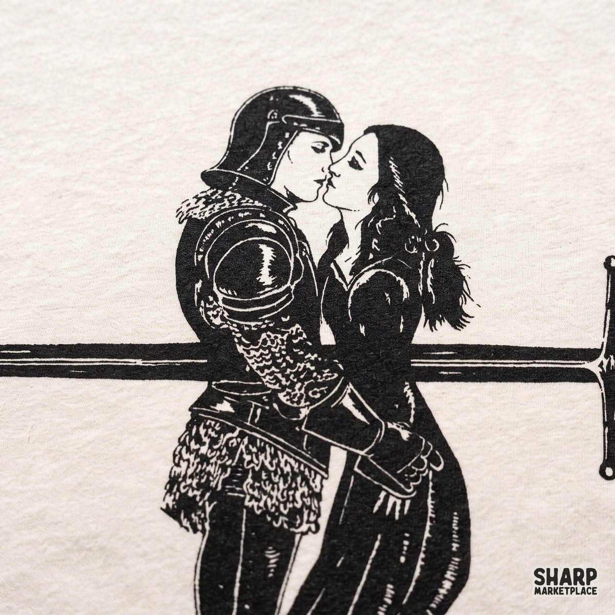 Dark romance knight and lady kissing tragic lovers illustration for Valentine's Day retro shirt PNG design