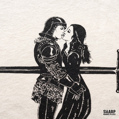 Dark romance knight and lady kissing tragic lovers illustration for Valentine's Day retro shirt PNG design