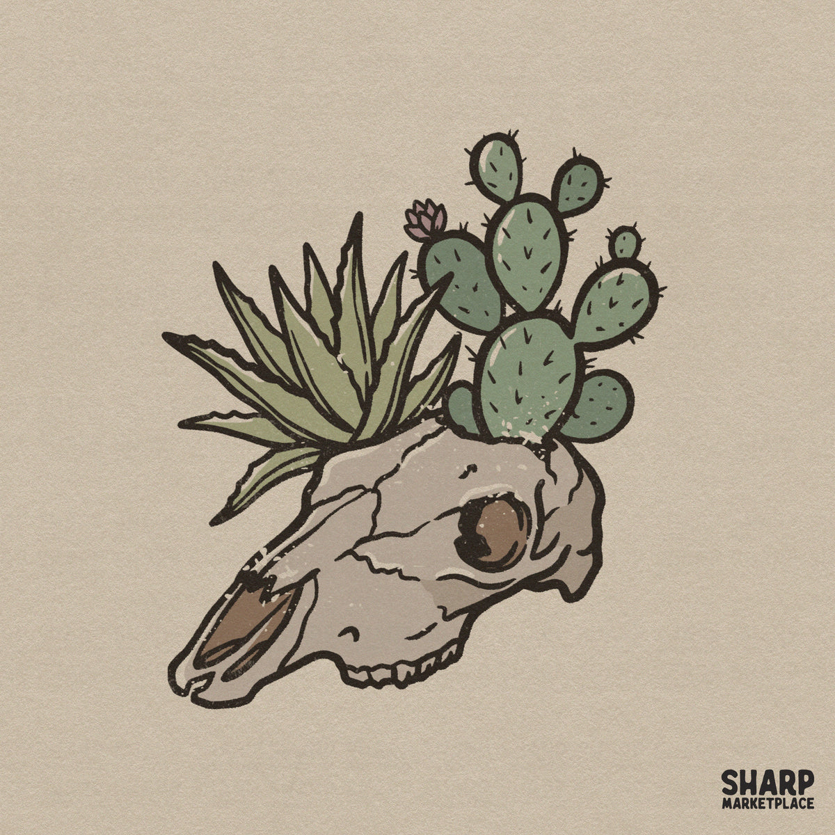 Western boho digital design featuring a cow skull planter with a green prickly pear cactus and spiky aloe succulent in muted earth tones for apparel.