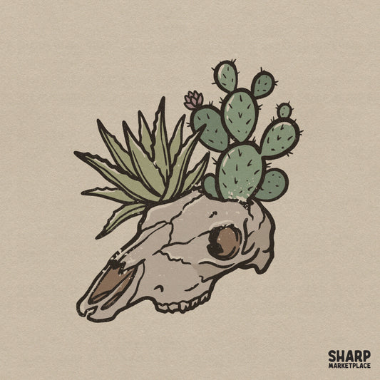 Western boho digital design featuring a cow skull planter with a green prickly pear cactus and spiky aloe succulent in muted earth tones for apparel.
