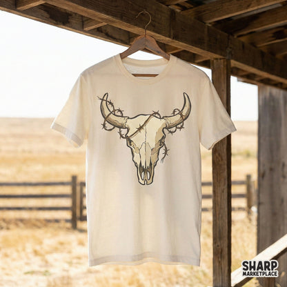 Cow Skull PNG, Western Barbed Wire Skull Clipart - 300 DPI Design for