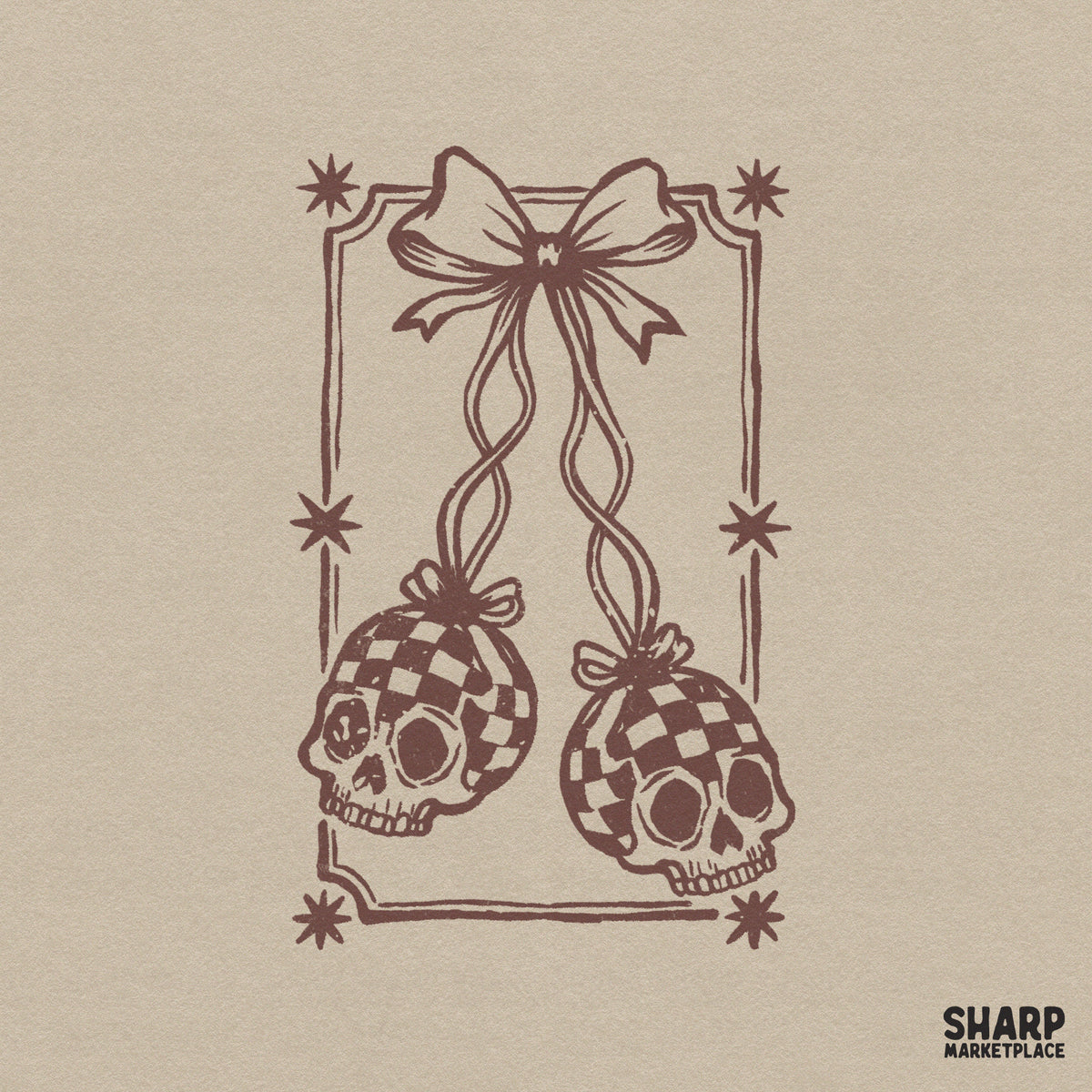 Monochromatic brown line art of two checkered skulls hanging from a delicate bow, framed by a star-accented border in a vintage tattoo style.