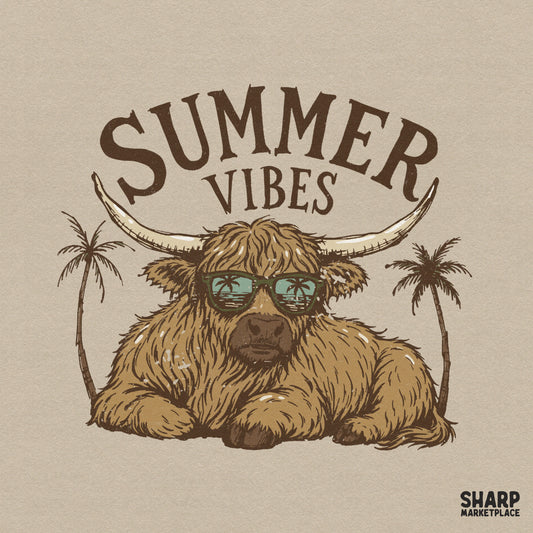 Summer Vibes digital design featuring a fluffy highland cow wearing sunglasses with palm tree reflections, perfect for sublimation and t-shirt printing.