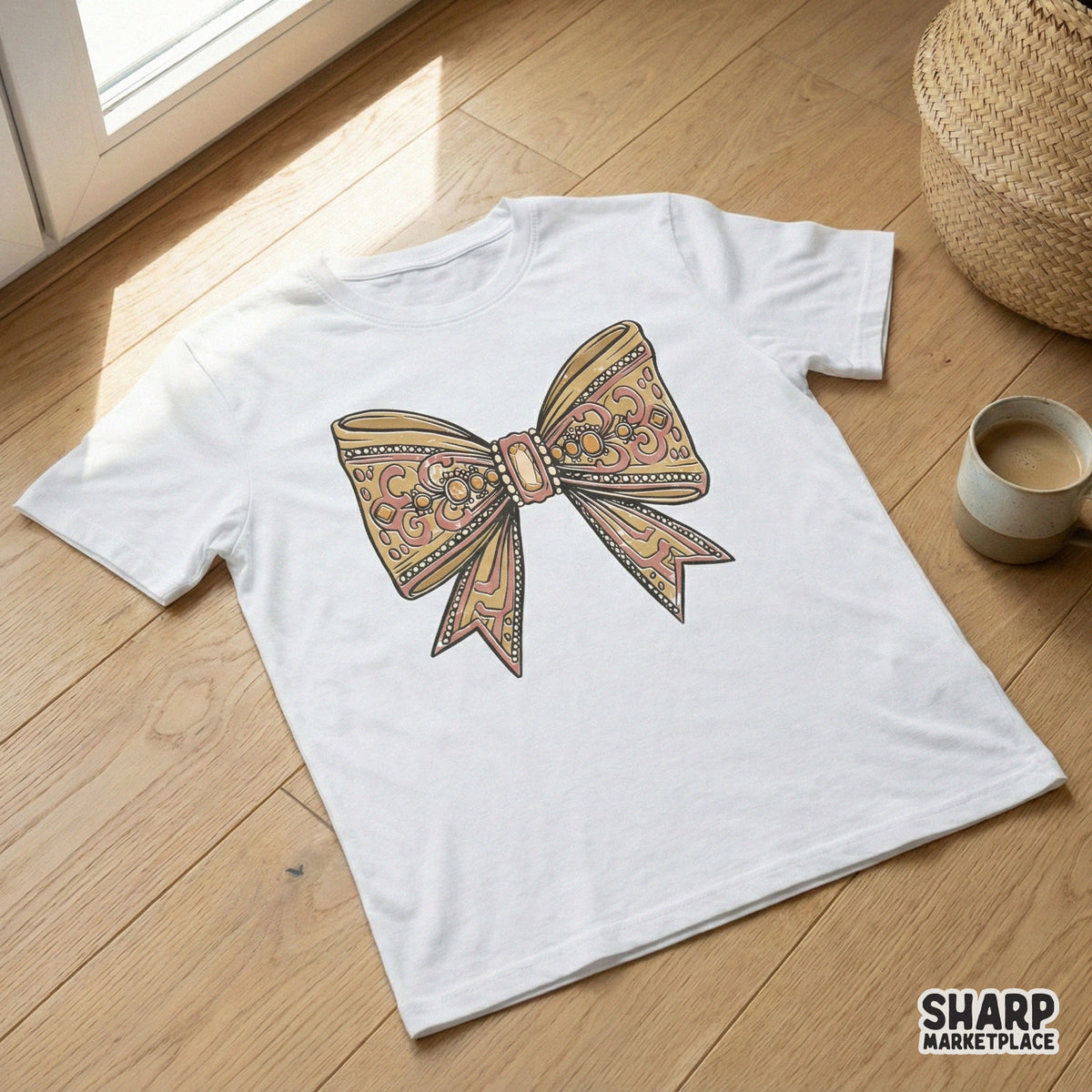 White t-shirt mockup featuring a detailed, vintage-inspired ornate bow graphic with elegant scrollwork and a soft pink and gold color palette.