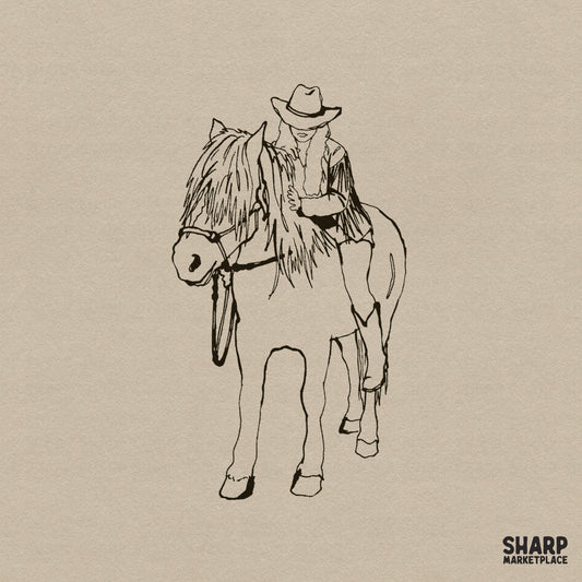 Minimalist black line art of a cowgirl in a hat and fringe jacket riding a horse, isolated on a neutral paper-textured background for digital projects.