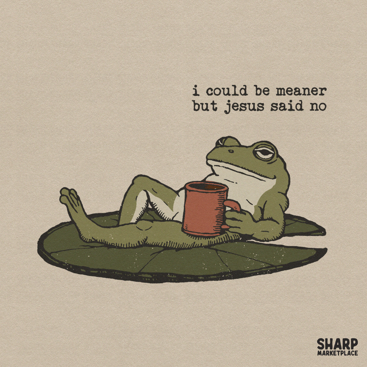 Funny sassy frog drinking morning coffee retro Christian PNG clip art design for print-on-demand t-shirts and tumblers