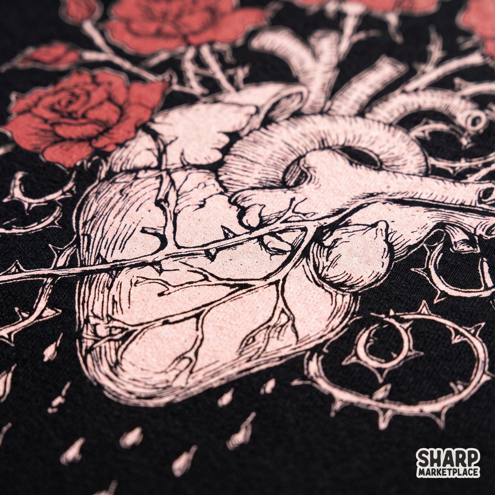 Anatomical bleeding heart with thorny roses in a gothic romance tattoo style Valentine png for sublimations