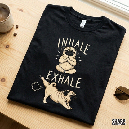 Retro meditating pug dog farting humor graphic for funny t-shirt designs and dog mom sublimation PNG