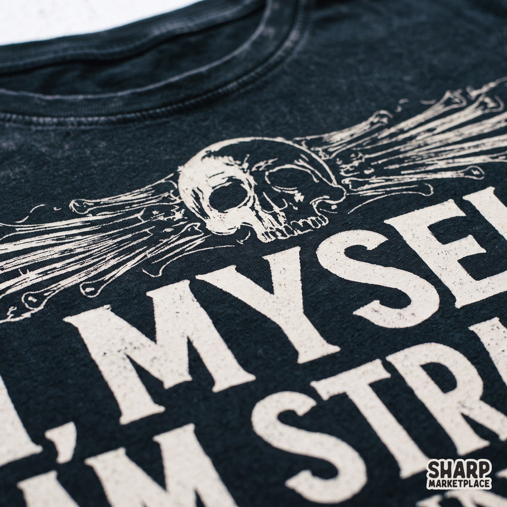 Strange and unusual skull and bones graphic with a gothic horror movie quote for spooky season t-shirts and sublimation