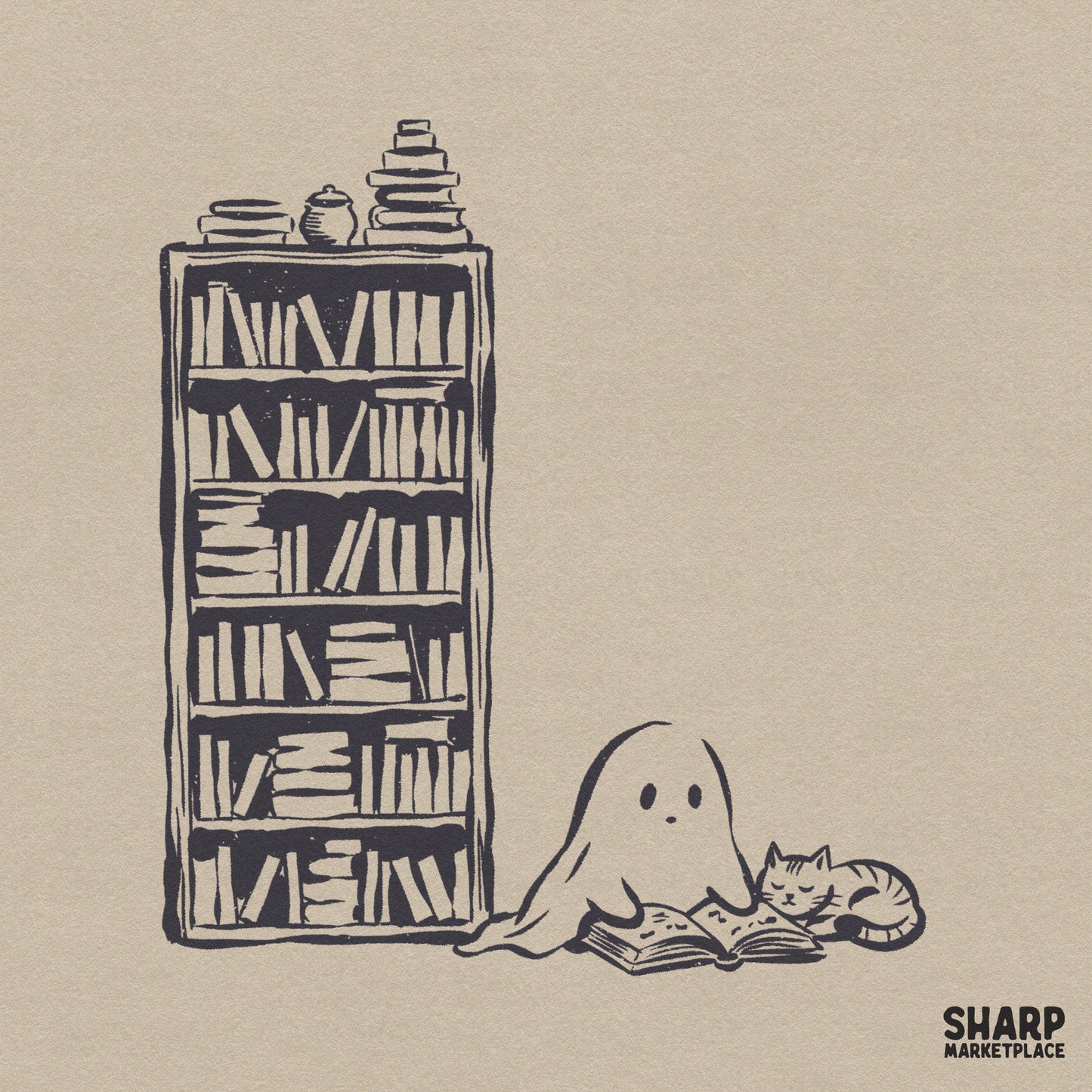 Cute ghost reading a book by a bookshelf with a cat cozy retro Halloween PNG design for spooky season shirts