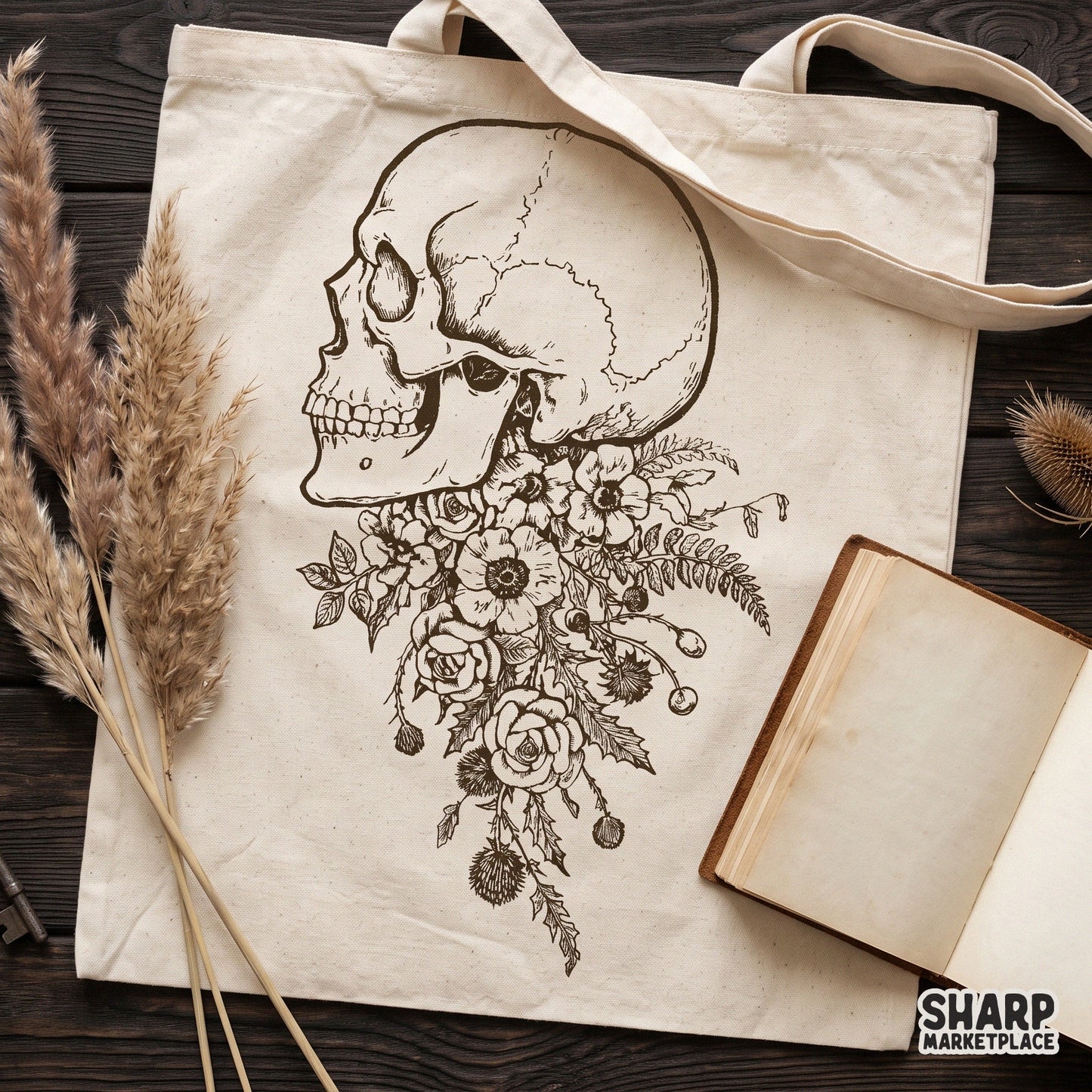 Vintage side profile skull with wildflowers in a dark academia botanical style for custom shirt printing