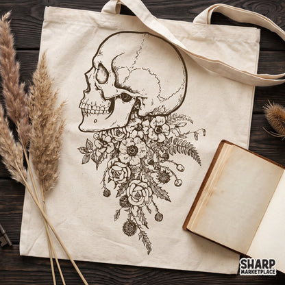 Vintage side profile skull with wildflowers in a dark academia botanical style for custom shirt printing