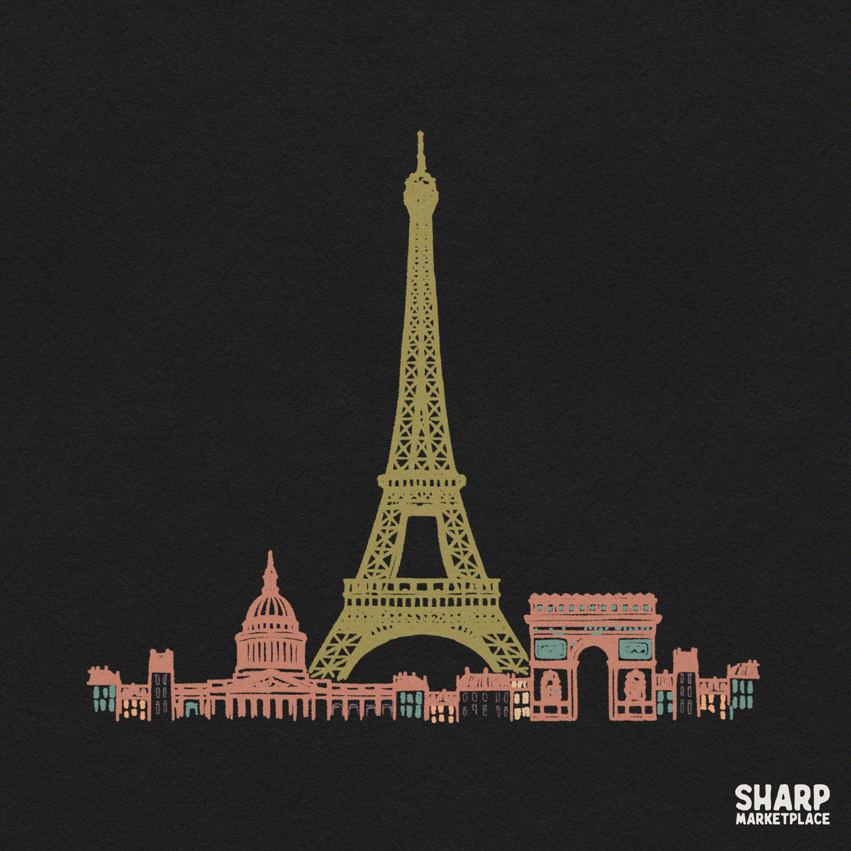 Paris red lettering sketch with Eiffel Tower and city skyline for trendy European summer vacation girls trip shirts