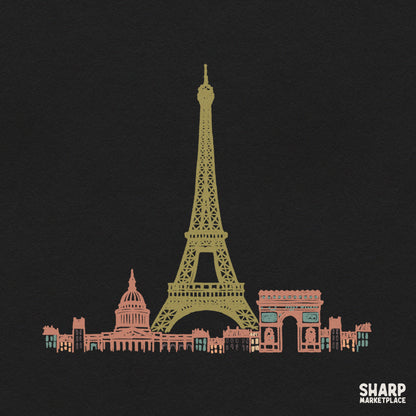 Paris red lettering sketch with Eiffel Tower and city skyline for trendy European summer vacation girls trip shirts