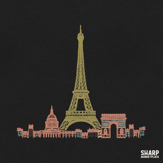 Paris red lettering sketch with Eiffel Tower and city skyline for trendy European summer vacation girls trip shirts
