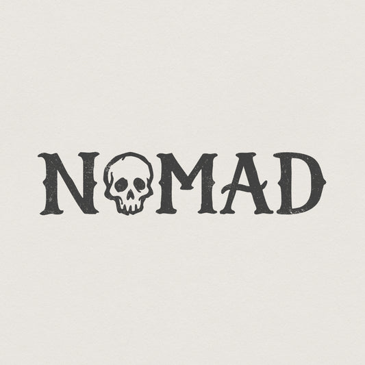 Distressed vintage style Nomad typography with a central skull illustration, perfect for boho adventure shirts and gothic travel sublimation projects.