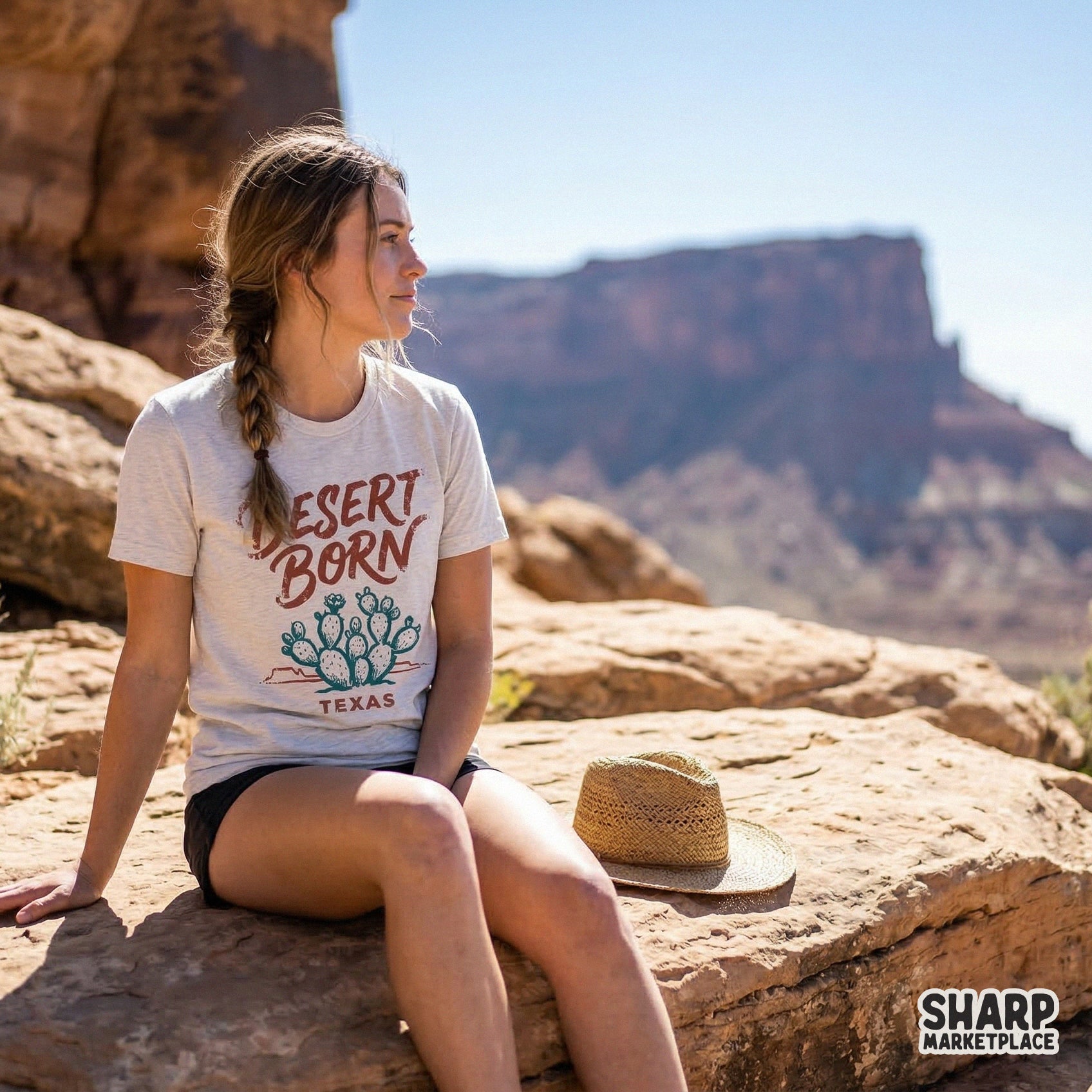 Southwest inspired Desert Born Texas sublimation design with a prickly pear cactus and mountain landscape for custom shirts and tumblers.