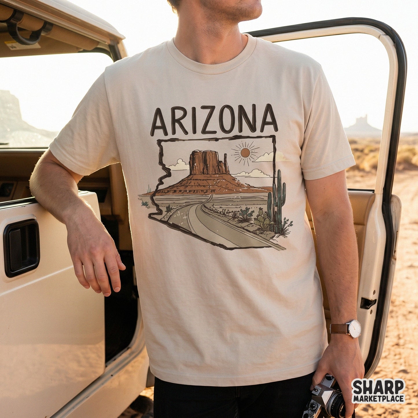Digital sublimation design of a desert road trip through Arizona, showcasing state borders, monument-style rock formations, and desert flora.