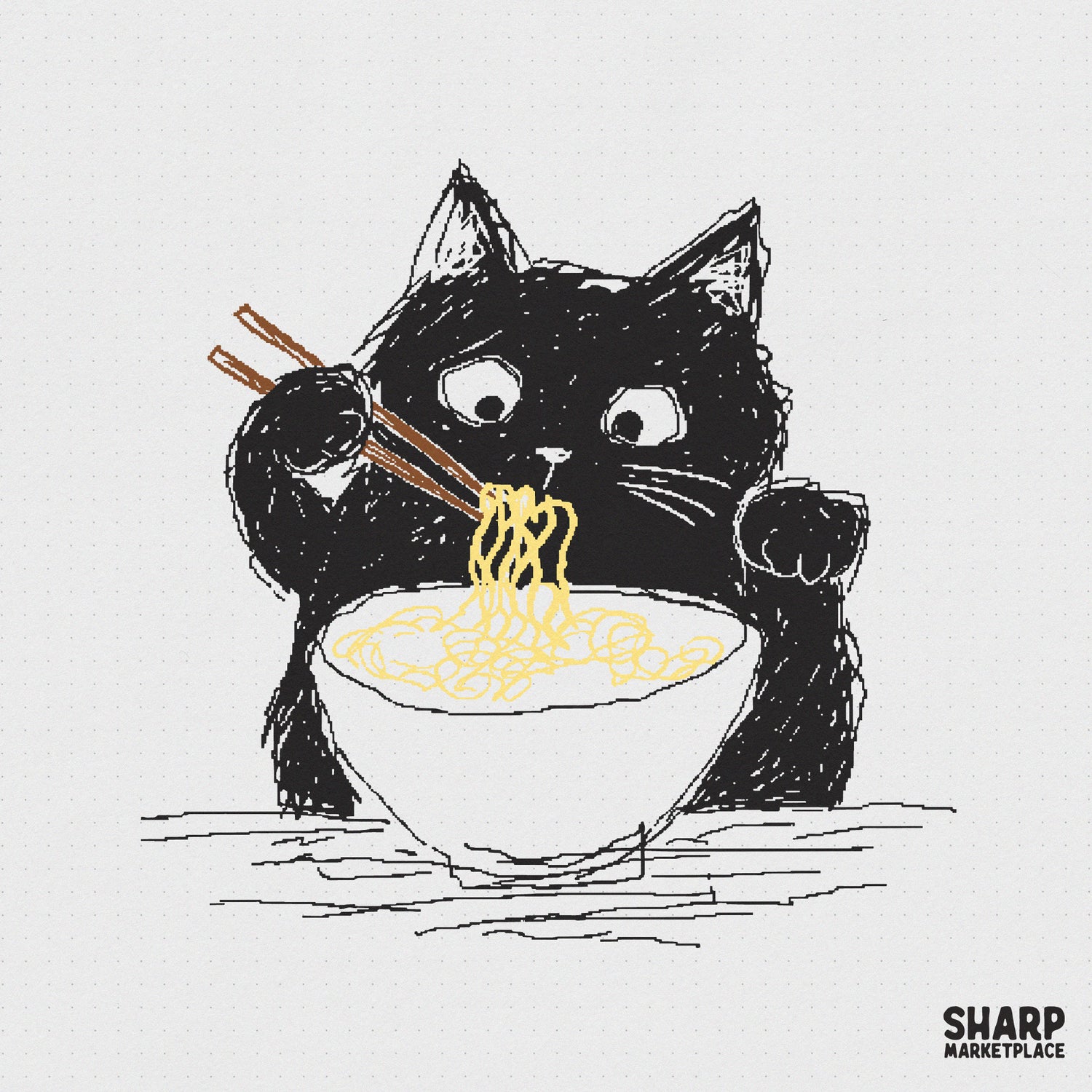 Whimsical hand-drawn black cat eating a bowl of ramen noodles with chopsticks, perfect for foodie t-shirt sublimation and cute animal stickers.