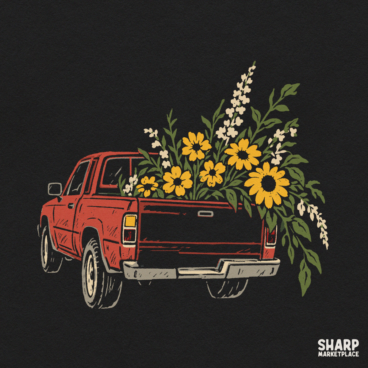 Vintage red pickup truck filled with yellow sunflowers retro fall sublimation PNG design for t-shirts and crafts
