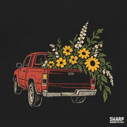 Vintage red pickup truck filled with yellow sunflowers retro fall sublimation PNG design for t-shirts and crafts
