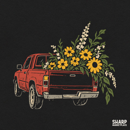 Vintage red pickup truck filled with yellow sunflowers retro fall sublimation PNG design for t-shirts and crafts
