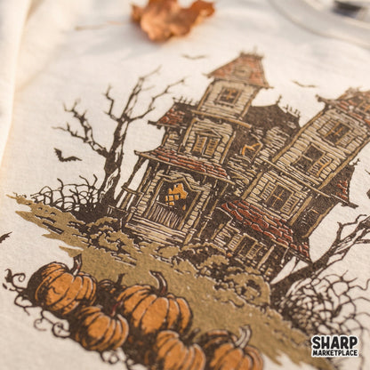 Spooky haunted house victorian mansion graphic shirt design for halloween png sublimation transfers