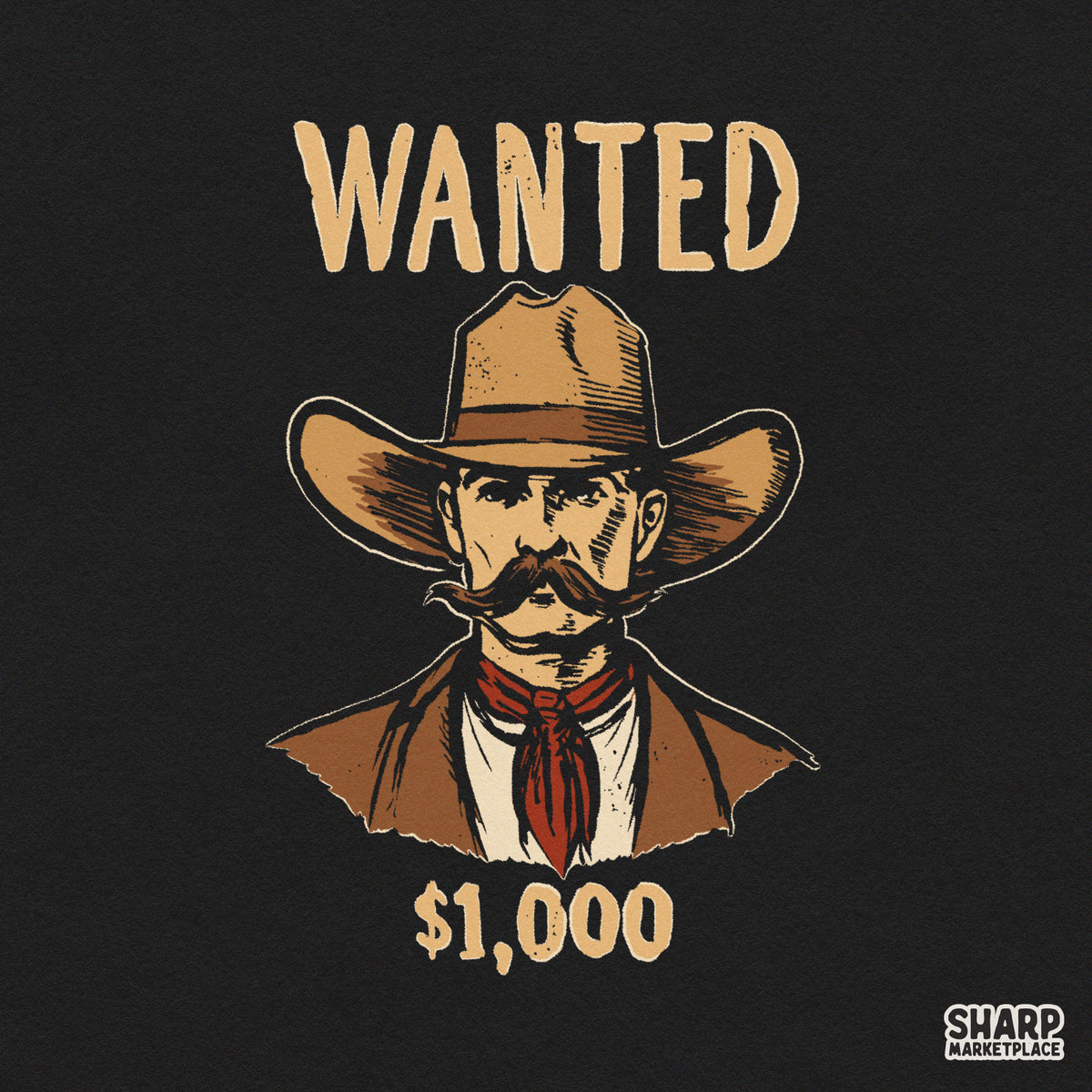 Wanted wild west outlaw cowboy portrait art PNG graphic for vintage western t-shirts and rodeo apparel