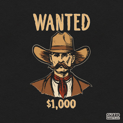 Wanted wild west outlaw cowboy portrait art PNG graphic for vintage western t-shirts and rodeo apparel