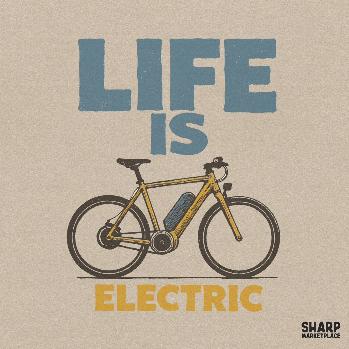 Retro yellow electric bike design with Life Is Electric text for cycling lovers summer t-shirts