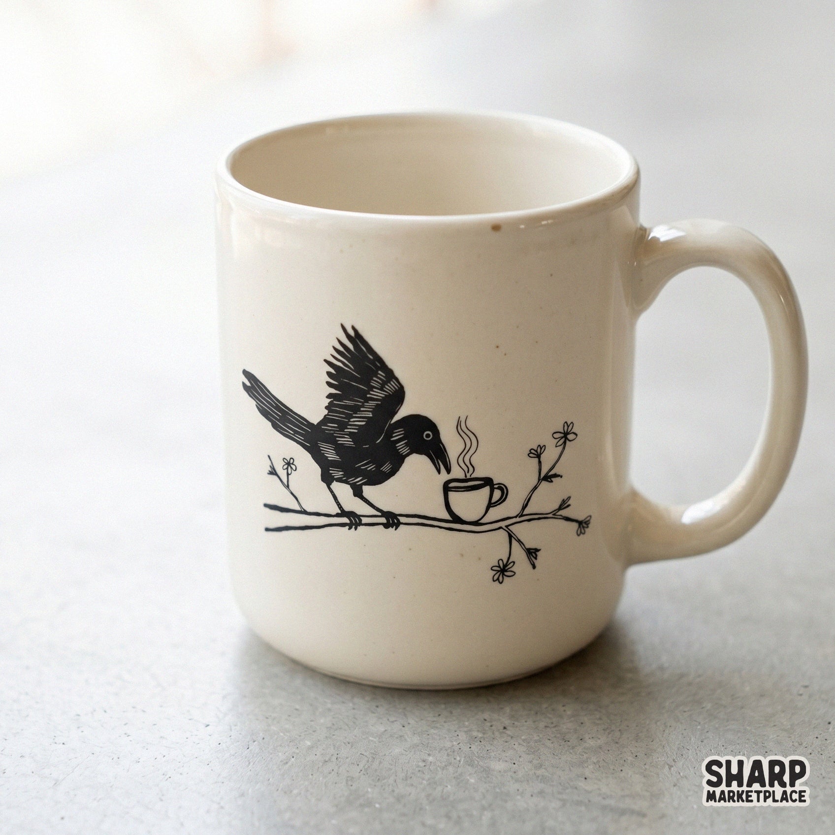 Digital illustration of a gothic-style raven on a flowering twig with a hot coffee cup, perfect for sublimation, stickers, and dark academia apparel.