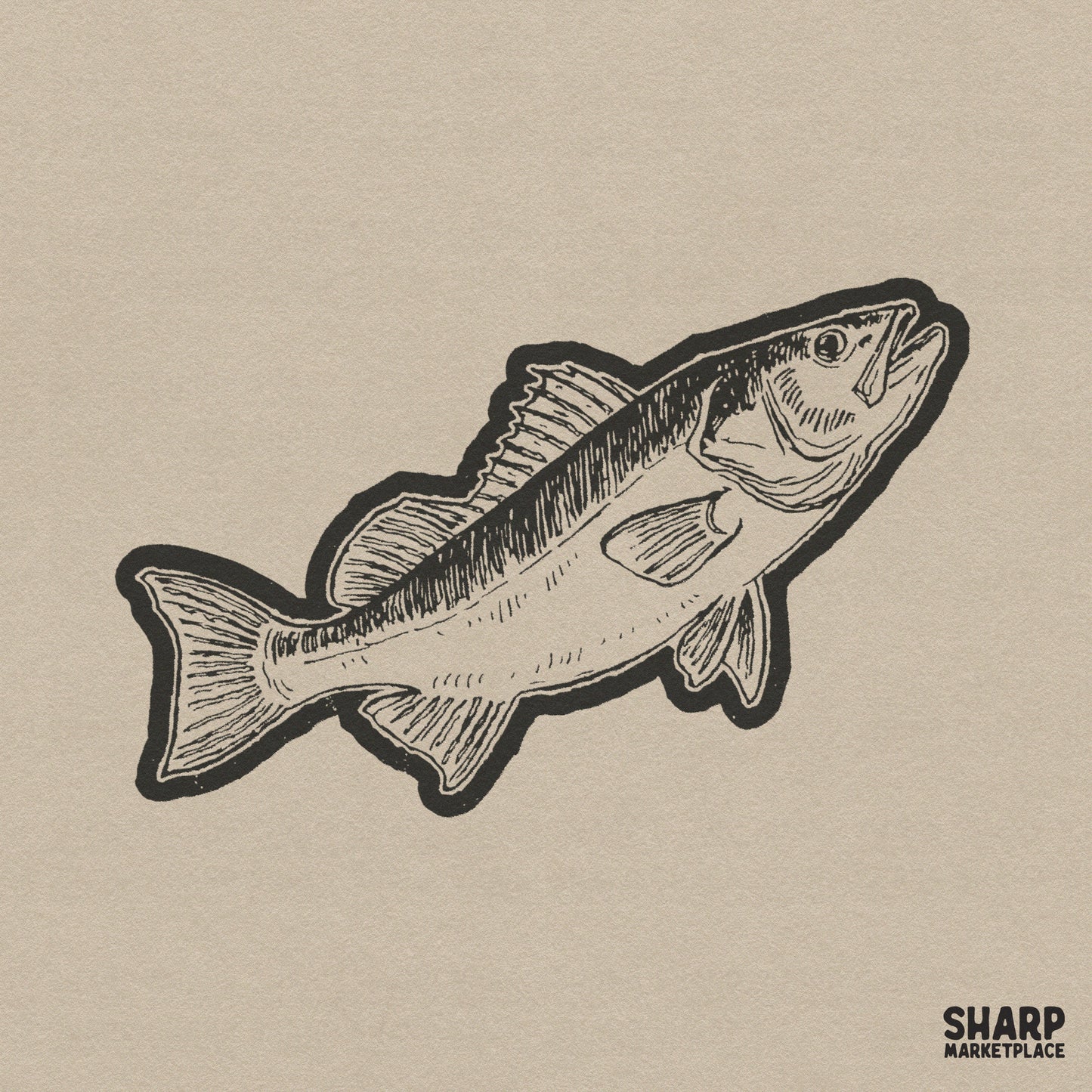 Vintage hand drawn bass fish graphic in retro style for trendy summer lake life sublimation shirts