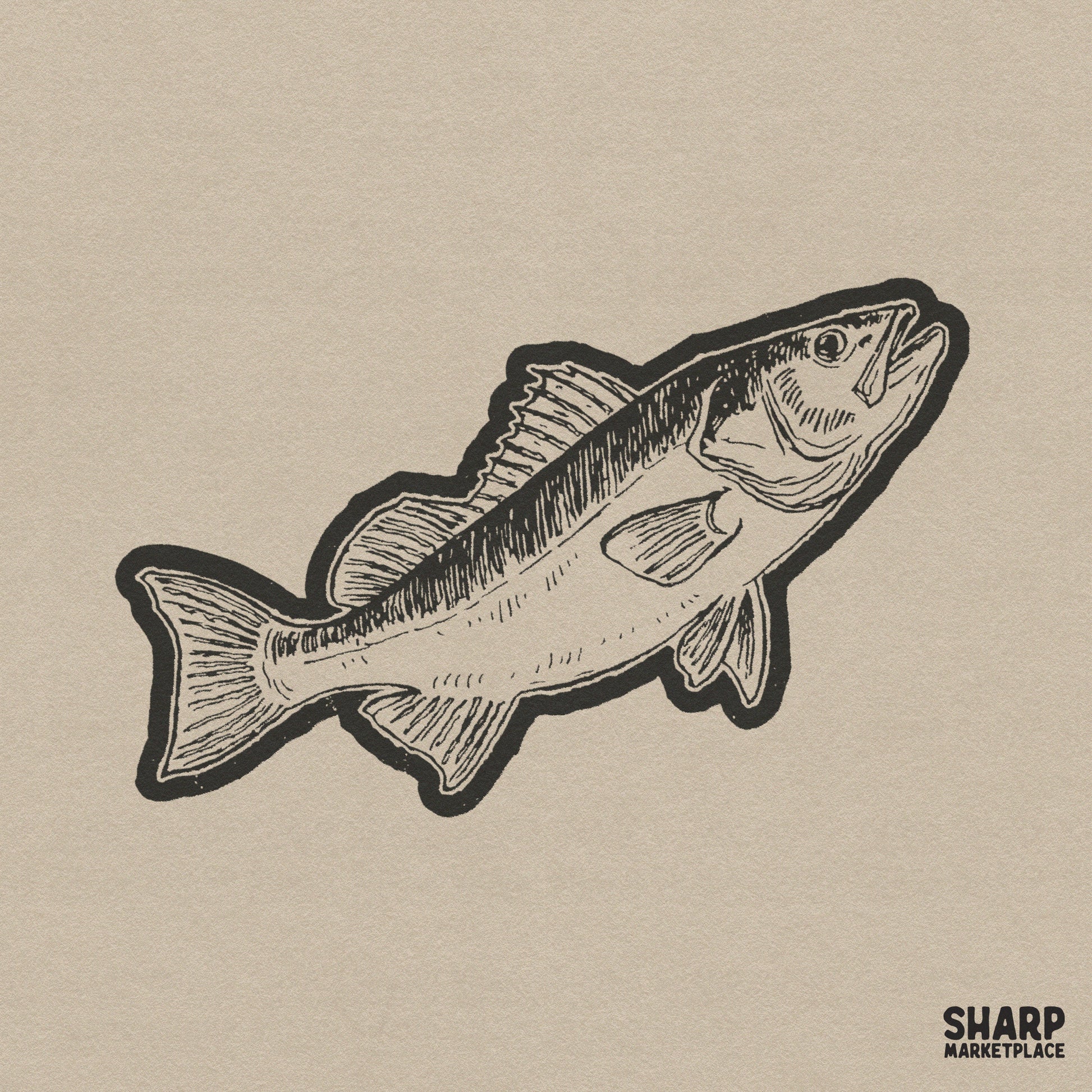 Vintage hand drawn bass fish graphic in retro style for trendy summer lake life sublimation shirts