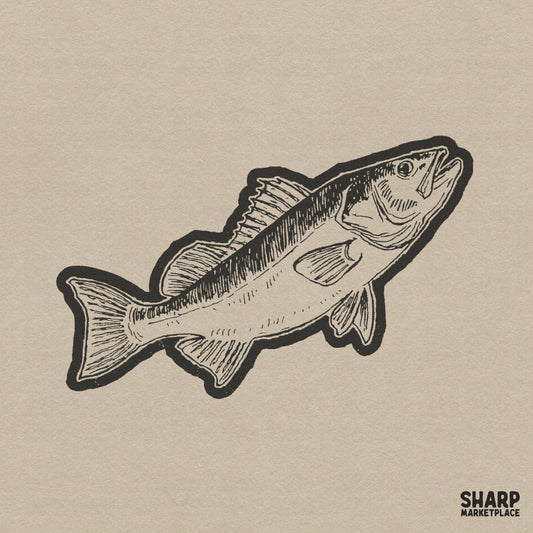 Vintage hand drawn bass fish graphic in retro style for trendy summer lake life sublimation shirts