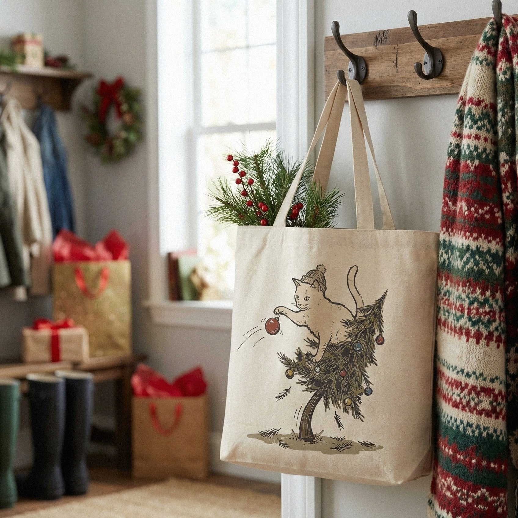 Christmas Cat PNG, Funny Cat in Tree - 300 DPI Design for T-Shirt