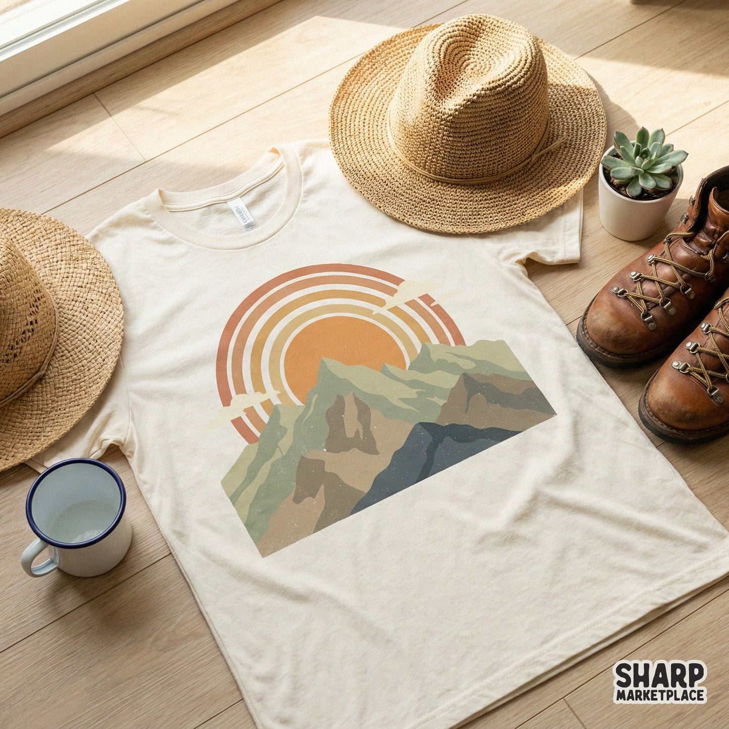 Vintage inspired mountain sunset graphic printed on a cream t-shirt, showcasing muted olive, tan, and blue peaks with retro sun rays.