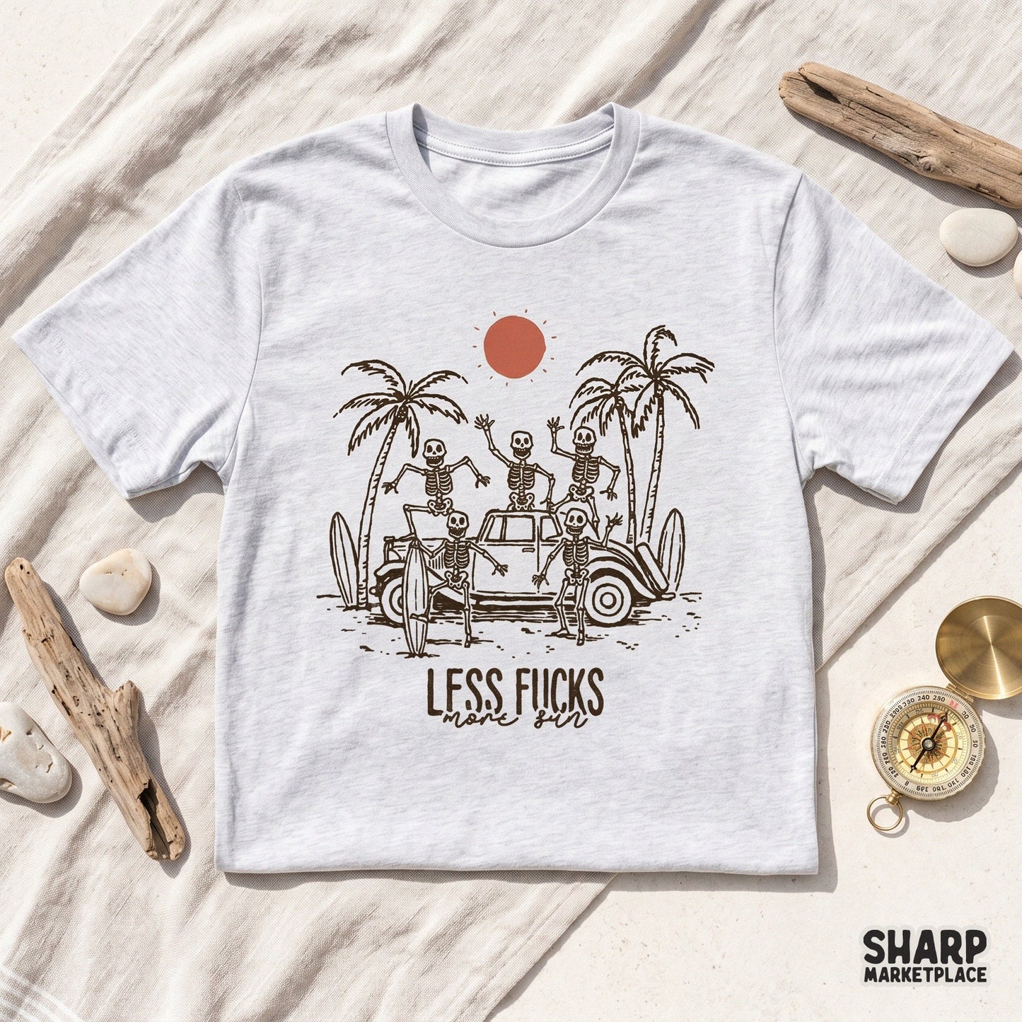 Digital sublimation design of a skeleton surf crew with a retro car and palm trees, perfect for funny summer apparel, stickers, and beach-themed crafts.