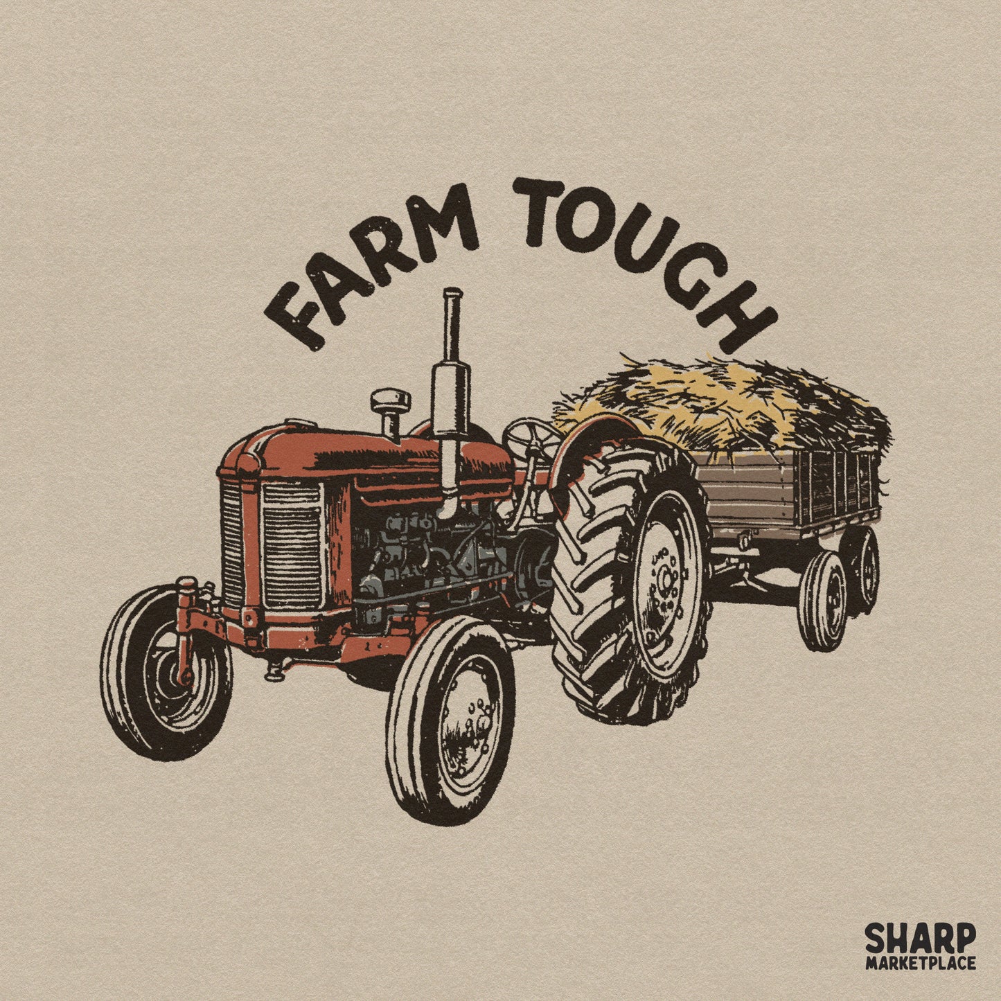 Farm tough red vintage tractor pulling a hay wagon western png sublimation art for autumn and thanksgiving t-shirts