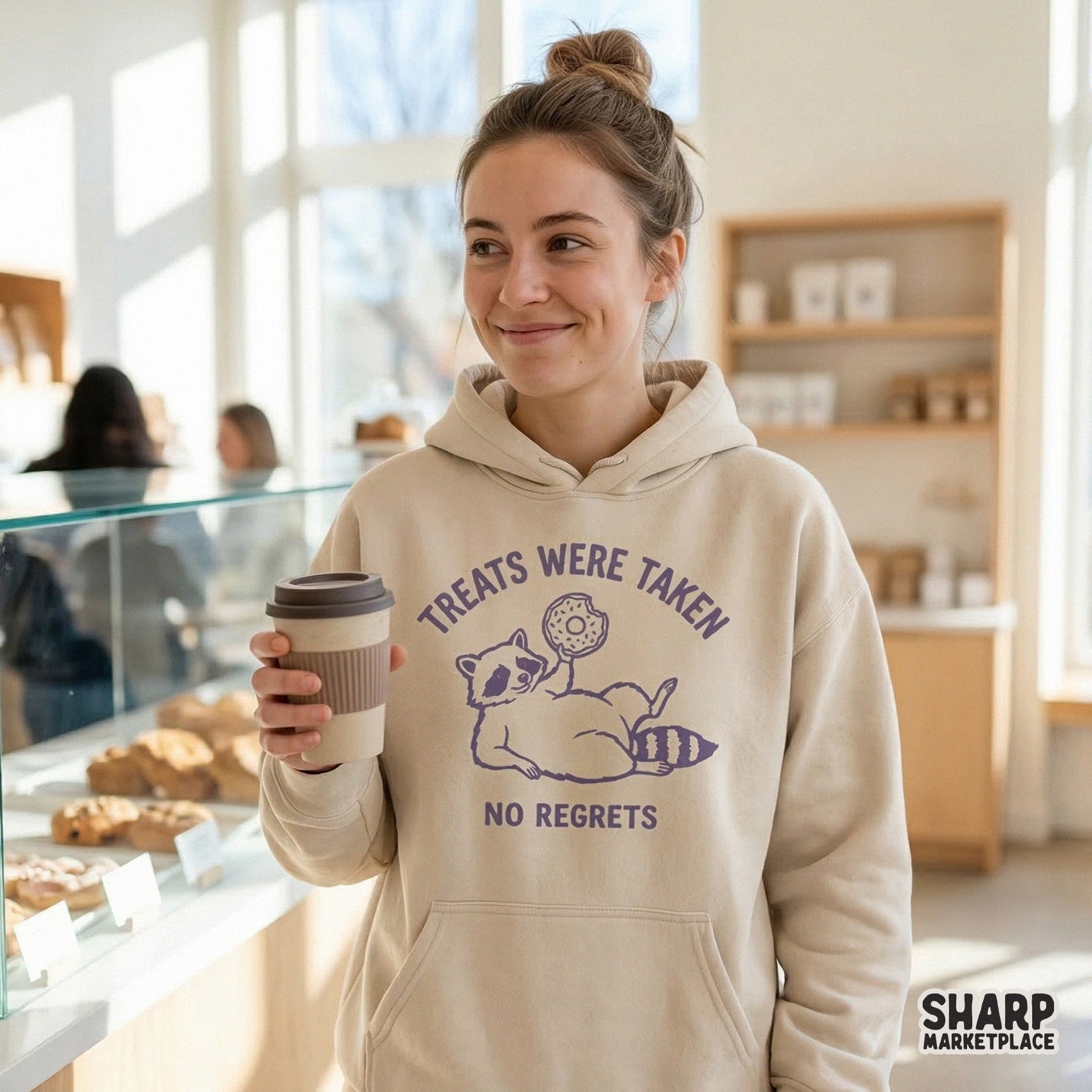 Sarcastic animal design featuring a happy raccoon with a donut, ideal for DIY apparel, snack-themed tumblers, and printable wall art.