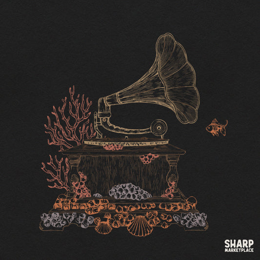 Vintage gramophone underwater scene with coral reef and seashells PNG design for trendy summer shirt prints