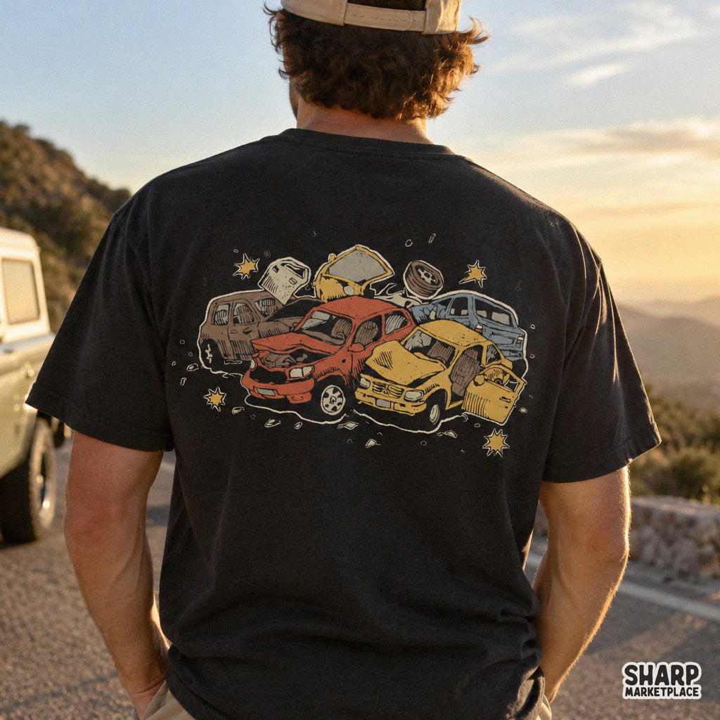 Pile of crushed and wrecked cars in a colorful auto junkyard retro sublimation PNG graphic for t-shirts
