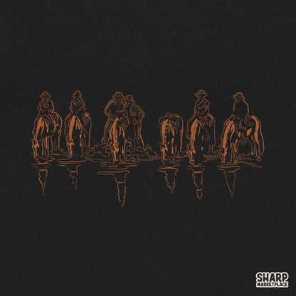 Rustic cowboys on horses at a river western sublimation PNG graphic for vintage ranch t-shirt designs