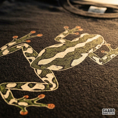 Vibrant green and black poison dart frog top down view sublimation PNG design for shirt printing and animal lovers