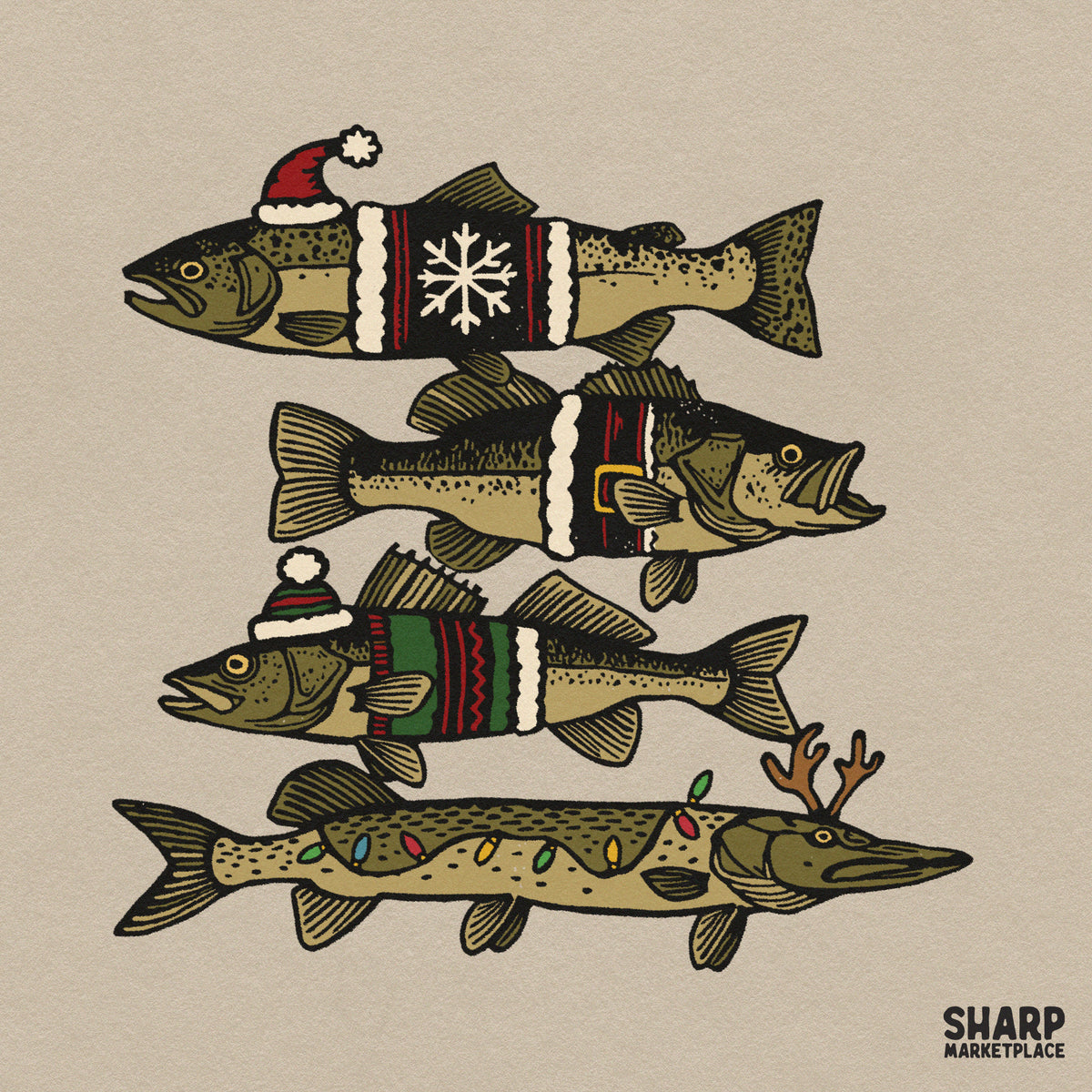 Vintage ugly sweater holiday fish Christmas PNG graphic ideal for winter angler t-shirts and sublimation projects