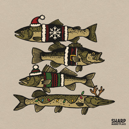 Vintage ugly sweater holiday fish Christmas PNG graphic ideal for winter angler t-shirts and sublimation projects