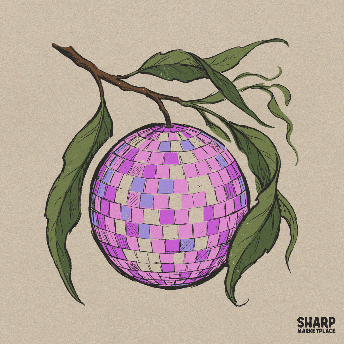 Funky disco ball fruit hanging from a branch in a retro groovy Y2K aesthetic style summer PNG graphic for sublimation